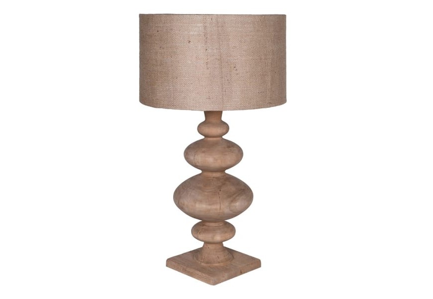 Masívna koloniálna stolná lampa Jute s nohou z mangového dreva s vyrezávaním v hnedej farbe a tienidlom z juty vo valcovom tvare v hnedej farbe