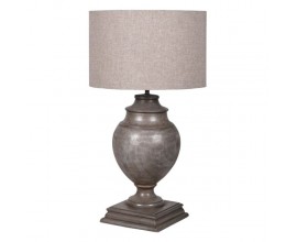 Štýlová koloniálna stolná lampa Uran z masívnou mangovou hnedou nohou a valcovým ľanovým béžovým tienidlom 90 cm