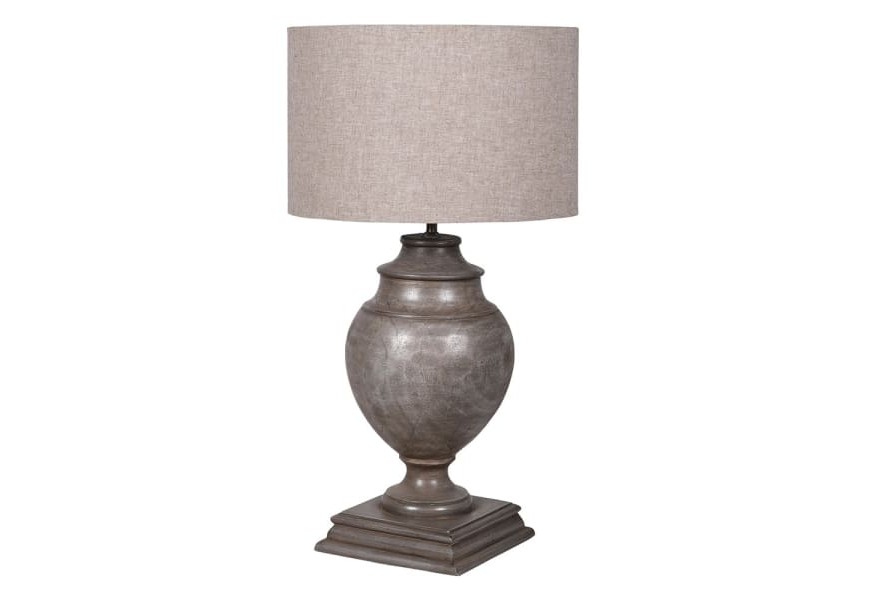 Štýlová koloniálna stolná lampa Uran z masívnou mangovou hnedou nohou a valcovým ľanovým béžovým tienidlom 90 cm