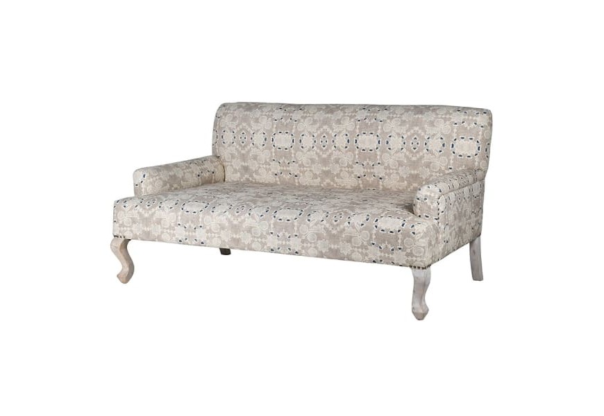 Luxusná orientálna dvojmiestna béžová sedačka Samie so vzorovaným bavlnený poťahom a mangovými nožičkami s patinou 153 cm