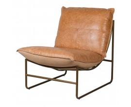 Luxusné moderné kožené kreslo Mauritius s kovovou konštrukciou a hnedým poťahom z pravej kože 74 cm