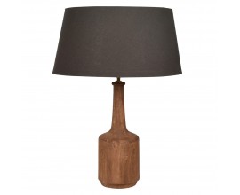 Masívna vidiecka nočná lampa Petris s nohou v hnedej farbe z mangového dreva v oválnom tvare fľaše a s tienidlom v tmavo sivej farbe z bavlny v tvare zrezaného kužeľa