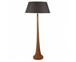 Vidiecka stojaca lampa Amber z masívneho mangového dreva v hnedej farbe v úzkom oblom tvare s tienidlom v tmavo sivej farbe z bavlny v tvare zrezaného kužeľa