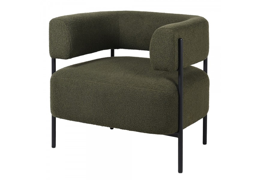 Dizajnové art deco tmavo zelené kreslo z poťahu z bouclé látky s kovovými nožičkami s čiernou povrchovou úpravou