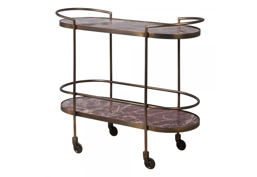 Štýlový glamour servírovací vozík Lozar s konštrukciou z kovu v zlatej farbe v oválnom tvare s dvomi mramorovými doskami v hnedej farbe