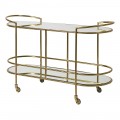 Luxusný art deco zlatý servírovací vozík Olesso s konštrukciou z kovu a dvomi oválnymi policami s povrchom zo zrkadlového skla