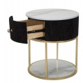 Luxusný glamour okrúhly nočný stolík Glamia Tapisé s čiernym poťahom a detailmi z bieleho mramoru a zlatého kovu 42 cm