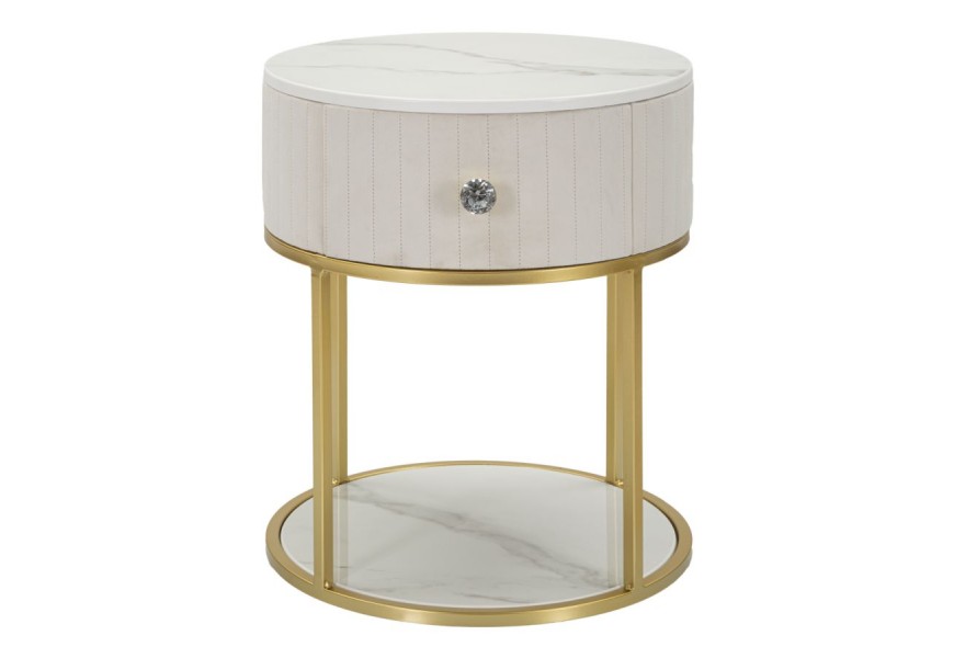 Luxusný glamour čalúnený nočný stolík Glamia Tapisé v krémovej bielej farbe s mramorovými doskami a zlatou podstavou 42 cm