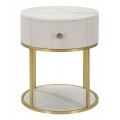 Luxusný glamour čalúnený nočný stolík Glamia Tapisé v krémovej bielej farbe s mramorovými doskami a zlatou podstavou 42 cm
