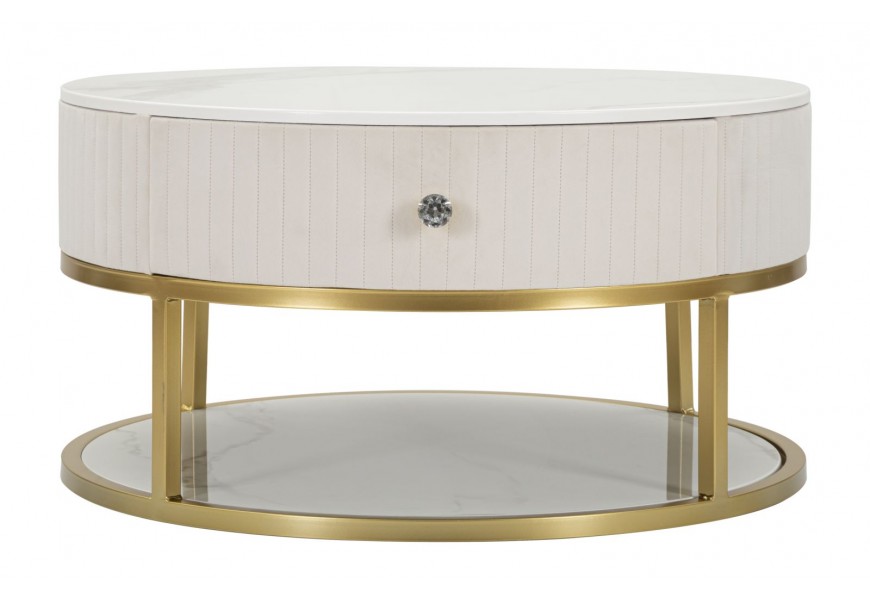 Art deco okrúhly krémový konferenčný stolík Glamia Tapisé s dvomi zásuvkami a so zlatou konštrukciou s bielou doskou 75 cm