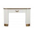Art deco biely oválny konzolový stolík Glamia Blanc s vrúbkovaným dizajnom s hnedou drevenou doskou a zásuvkou 121 cm