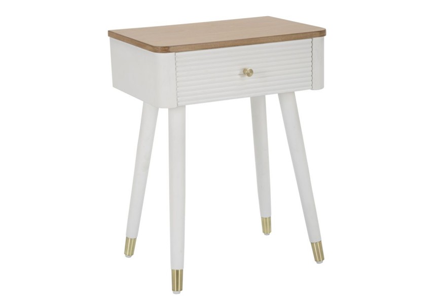 Art deco obdĺžnikový drevený nočný stolík Samira s hnedou doskou s bielym korpusom so zásuvkou so zlatými detailmi 62 cm 