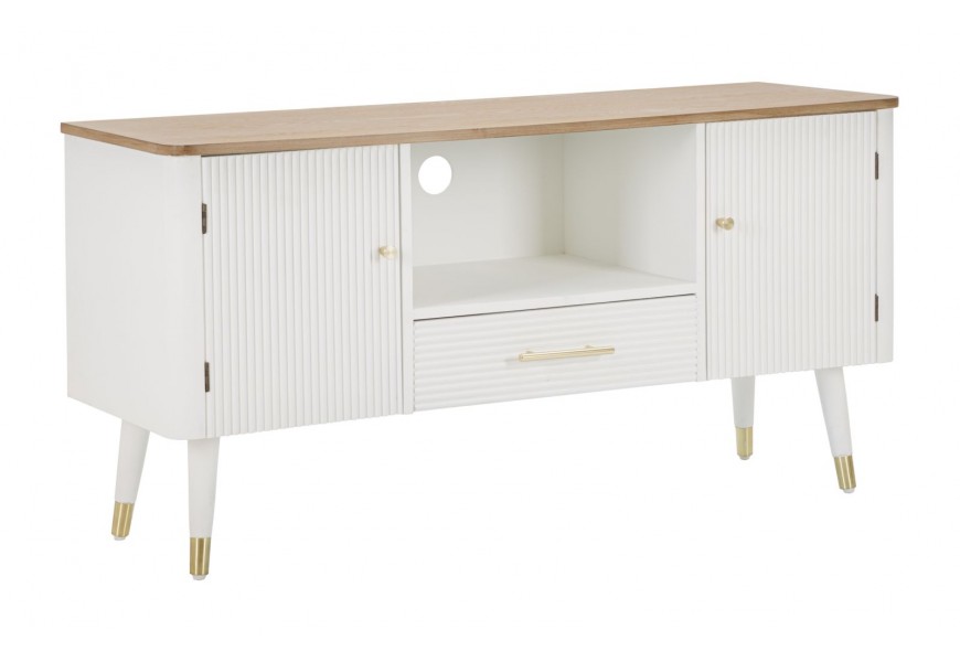 Glamour dvojdvierkový TV stolík Samira v bielej farbe s vrúbkovaným povrchom s jednou zásuvkou a zlatými úchytkami s vrchnou doskou z borovice v hnedej farbe s policou
