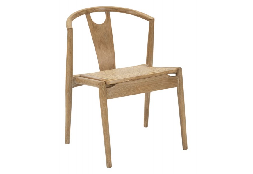 Dizajnová stolička Camille vo vidieckom štýle s masívneho topoľového dreva s viedenským výpletom z ratanu s opierkou s prvkom y/wishbone dizajnu v hnedej farbe s patinovaným povrchom 56 cm