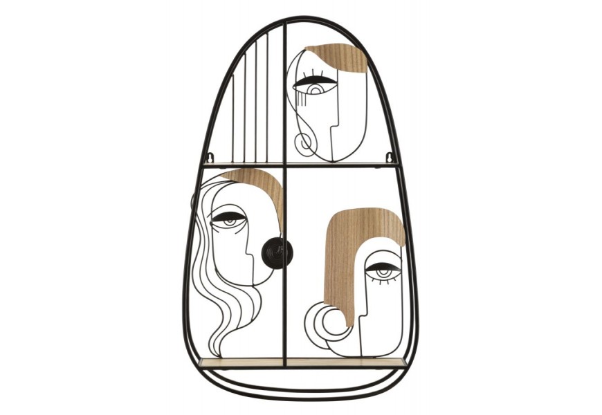 Industriálna dvojúrovňová nástenná polica Donna s oválnou čiernou kovovou konštrukciou s hnedými drevenými poličkami a reliéfom ženských tvárí v umeleckom štýle