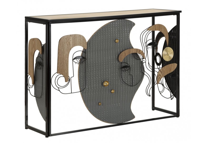 Industriálny konzolový stolík Donna s obdĺžnikovou svetlou drevenou doskou na čiernej kovovej konštrukcii s umeleckým reliéfom ženských tvárí v kubistickom štýle so zlatými detailmi a štruktúrovaným sivým povrchom