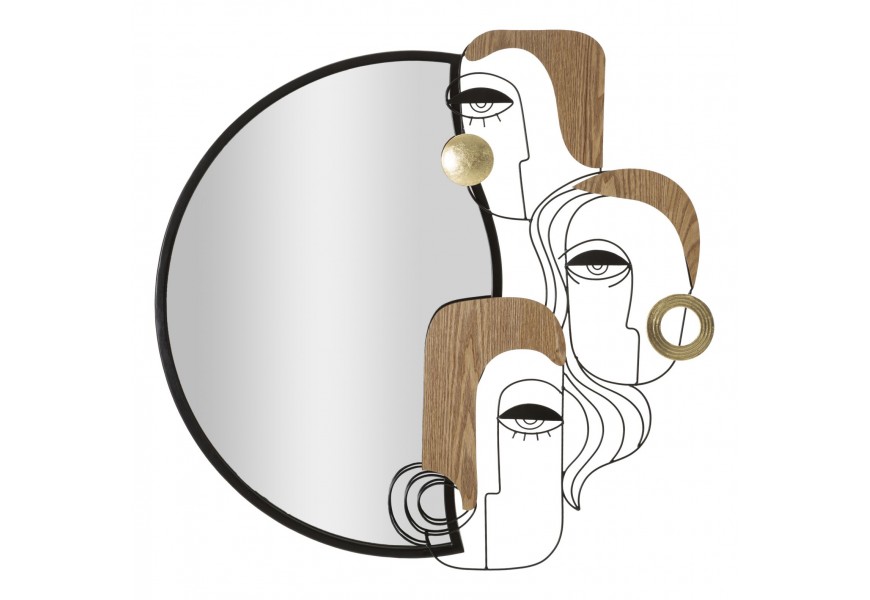 Industriálne zrkadlo Donna s čiernym kovovým rámom a dekorom troch ženských tvárí s hnedými drevenými a zlatými kovovými detailmi v avantgardnom štýle