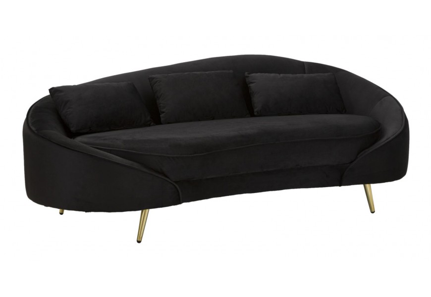 Glamour trojmiestna čalúnená zamatová sedačka Lea v čiernej farbe v oválnom tvare s nožičkami v zlatej farbe z kovu s tromi vankúšmi