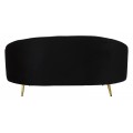 Art deco dvojmiestna oválna zamatová čalúnená čierna sedačka Lea so zlatými kovovými nožičkami 148 cm