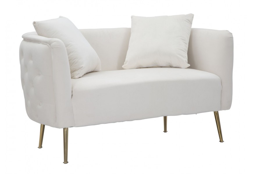 Art deco dvojmiestna obdĺžniková čalúnená zamatová prešívaná sedačka Zeran v krémovej farbe so zlatými kovovými nožičkami 127 cm