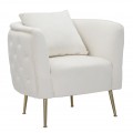 Glamour kreslo Zeran s čalúnením a prešívaným poťahom v krémovéj farbe so zamatovým odleskom a nožičkami z kovu v zlatej farbe s vankúšmi