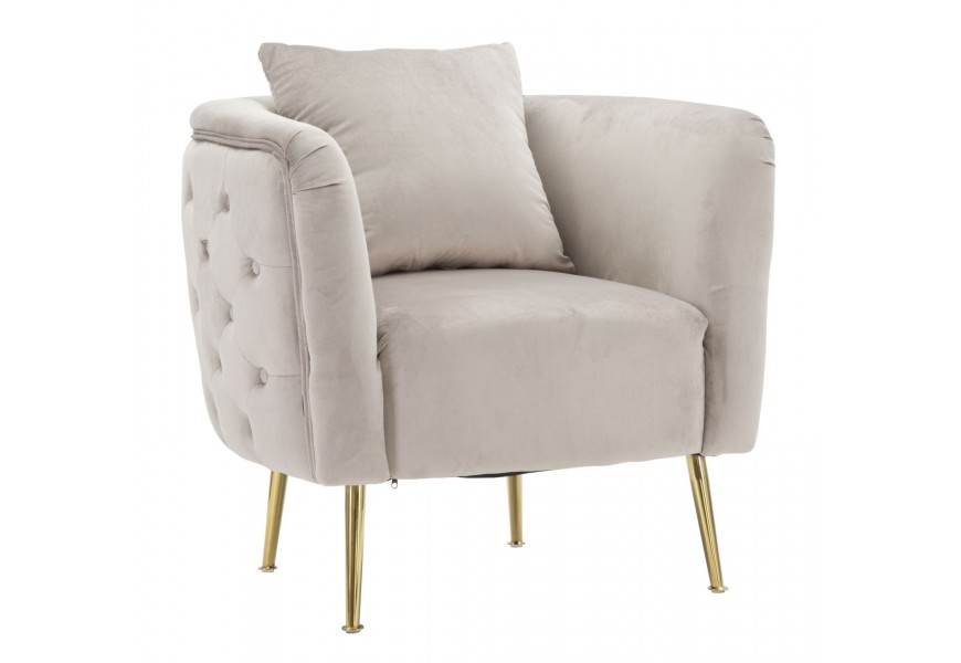 Art deco štvorcové oblé čalúnené kreslo Zeran s prešívaním v sivej farbe so zlatými kovovými úzkymi nožičkami 76 cm