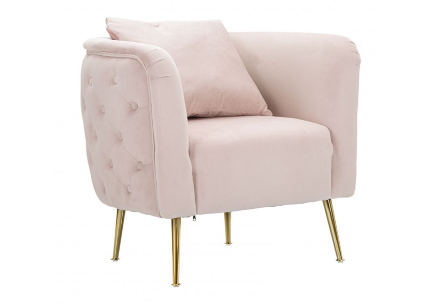 Glamour kreslo Zeran s čalúnením a poťahom v staroružovej farbe so zamatovým leskom a prešívaním na chrbte s vankúšom a nožičkami v zlatej farbe z kovu