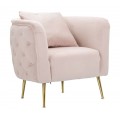 Glamour kreslo Zeran s čalúnením a poťahom v staroružovej farbe so zamatovým leskom a prešívaním na chrbte s vankúšom a nožičkami v zlatej farbe z kovu