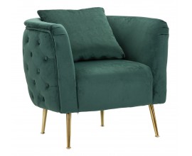 Glamour kreslo Zeran v štvorcovom oblom tvare s čalúnením a prešívaným poťahom na chrbte v smaragdovej zelenej farbe s nožičkami z kovu v zlatej farbe s vankúšmi