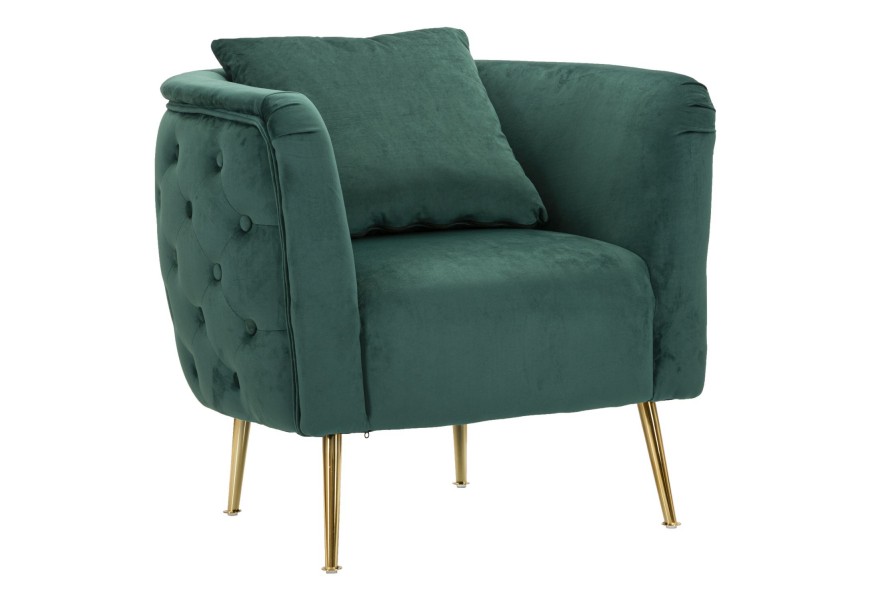 Glamour kreslo Zeran v štvorcovom oblom tvare s čalúnením a prešívaným poťahom na chrbte v smaragdovej zelenej farbe s nožičkami z kovu v zlatej farbe s vankúšmi