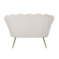 Art deco zamatová dvojmiestna čalúnená biela prešívaná sedačka Perla v tvare mušle so zlatými nožičkami 130 cm