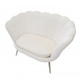 Art deco zamatová dvojmiestna čalúnená biela prešívaná sedačka Perla v tvare mušle so zlatými nožičkami 130 cm