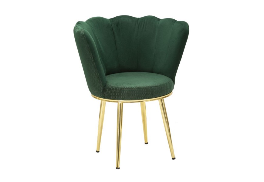 Glamour kreslo Perla s čalúnením a prešívaným poťahom so zamatovým leskom v smaragdovej zelenej farbe s nožičkami z kovu v zlatej farbe