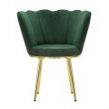Art deco čal&uacute;nen&eacute; smaragdov&eacute; kreslo Perla s pre&scaron;&iacute;van&yacute;m zamatov&yacute;m poťahom v tvare mu&scaron;le so zlat&yacute;mi kovov&yacute;mi nožičkami 83 cm