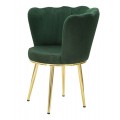 Art deco čal&uacute;nen&eacute; smaragdov&eacute; kreslo Perla s pre&scaron;&iacute;van&yacute;m zamatov&yacute;m poťahom v tvare mu&scaron;le so zlat&yacute;mi kovov&yacute;mi nožičkami 83 cm