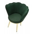 Art deco čal&uacute;nen&eacute; smaragdov&eacute; kreslo Perla s pre&scaron;&iacute;van&yacute;m zamatov&yacute;m poťahom v tvare mu&scaron;le so zlat&yacute;mi kovov&yacute;mi nožičkami 83 cm