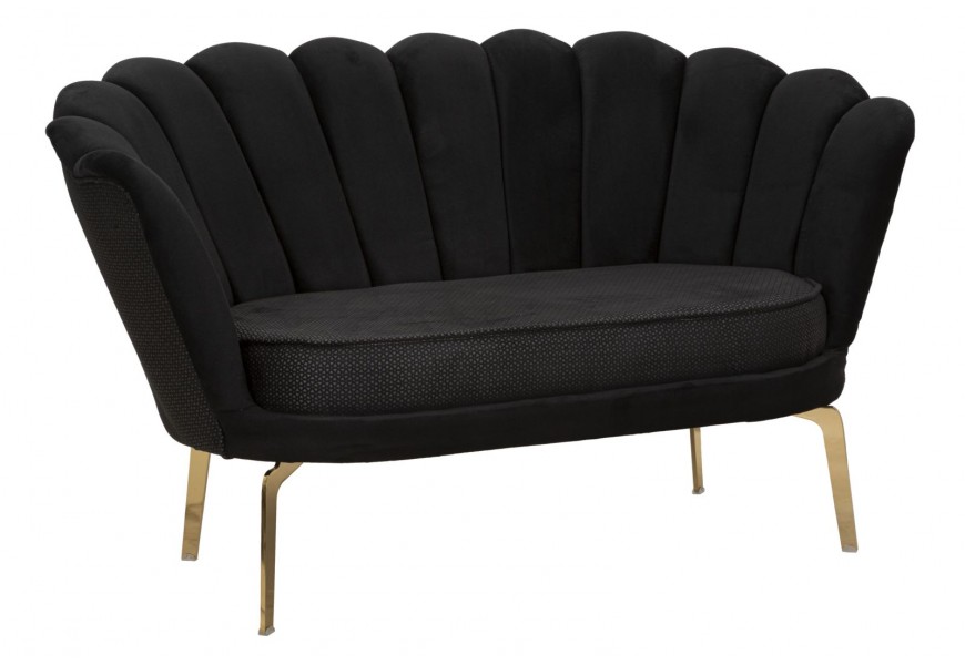 Glamour dvojmiestna sedačka Perla v tvare mušle s čalúnením a prešívaným zamatovým poťahom v čiernej farbe s nožičkami v zlatej farbe z kovu so zlatým geometrickým vzorovaním