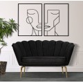 Art deco dvojmiestna čalúnená zamatová sedačka Perla s prešívaným čiernym poťahom so zlatými kovovými nožičkami 136 cm