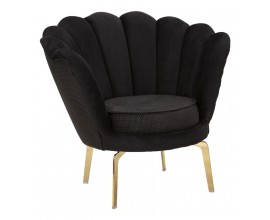 Glamour kreslo Perla s čalúneným prešívaným operadlom v tvare mušle so zamatovým poťahom v čiernej farbe s nožičkami v zlatej farbe z kovu s geometrickým vzorovaním