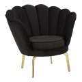 Glamour kreslo Perla s čalúneným prešívaným operadlom v tvare mušle so zamatovým poťahom v čiernej farbe s nožičkami v zlatej farbe z kovu s geometrickým vzorovaním