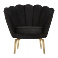 Art deco čalúnené prešívané kreslo Perla so zamatovým čiernym poťahom v tvare mušle so zlatými kovovými nožičkami 83 cm