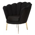 Art deco čalúnené prešívané kreslo Perla so zamatovým čiernym poťahom v tvare mušle so zlatými kovovými nožičkami 83 cm