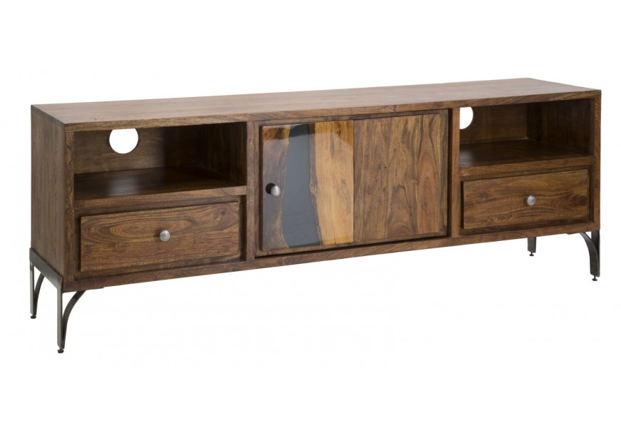 Masívny industriálny TV stolík Selvaggio s dvierkami a dvomi zásuvkami a policami v naturálnej tmavej hnedej farbe 175 cm