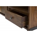 Masívny industriálny TV stolík Selvaggio s dvierkami a dvomi zásuvkami a policami v naturálnej tmavej hnedej farbe 175 cm