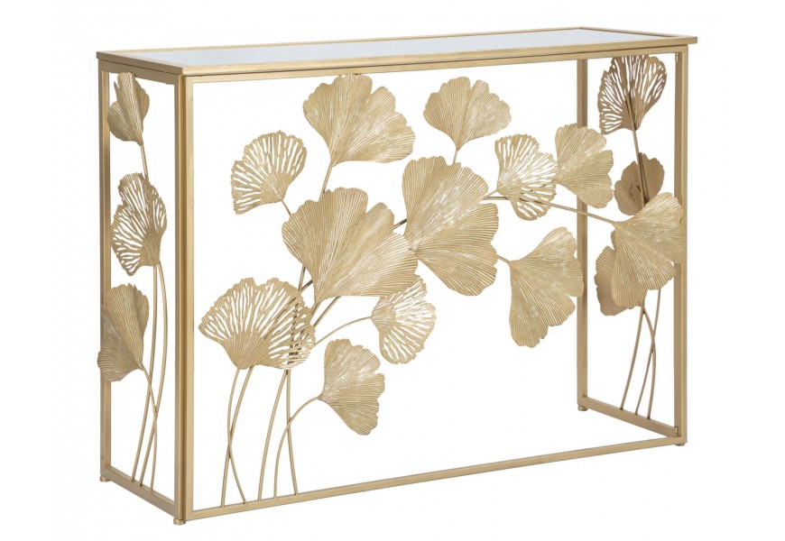 Zrkadlový glamour obdĺžnikový konzolový stolík Natura Elegante s podstavou z kovu  v zlatej farbe so zdobením v podobe stoniek s listami ginko s vrchnou doskou zo zrkadlového skla
