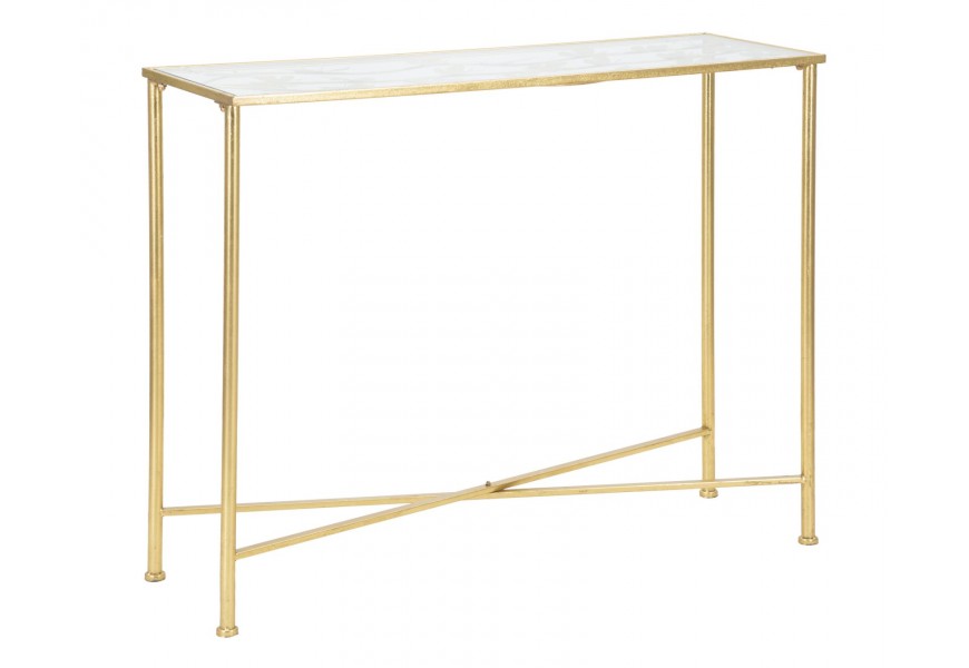 Dizajnový art deco konzolový stolík Papillon so sklenenou doskou a zdobením s motívom motýľov v zlatej farbe 100 cm
