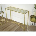 Dizajnový art deco konzolový stolík Papillon so sklenenou doskou a zdobením s motívom motýľov v zlatej farbe 100 cm