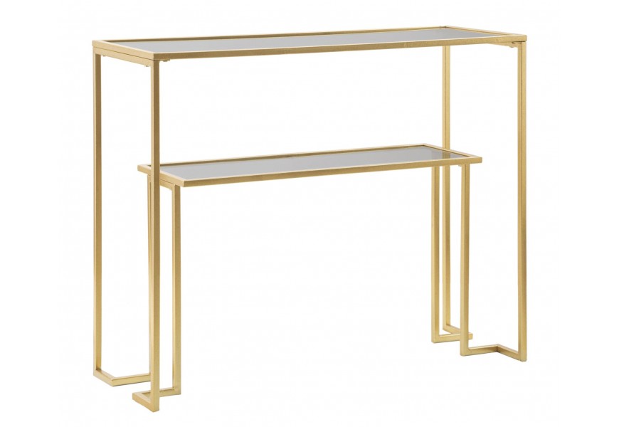 Glamour sklenený obdĺžnikový konzolový stolík Ornella v zlatej farbe s lineárnou kovovou konštrukciou s policou s doskami z bezpečnostného skla so sivým tónovaním