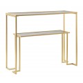 Glamour sklenený obdĺžnikový konzolový stolík Ornella v zlatej farbe s lineárnou kovovou konštrukciou s policou s doskami z bezpečnostného skla so sivým tónovaním