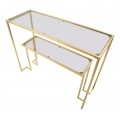 Dizajnový art deco konzolový stolík Ornella so zlatou kovovou konštrukciou a dvomi sklenenými doskami 100 cm